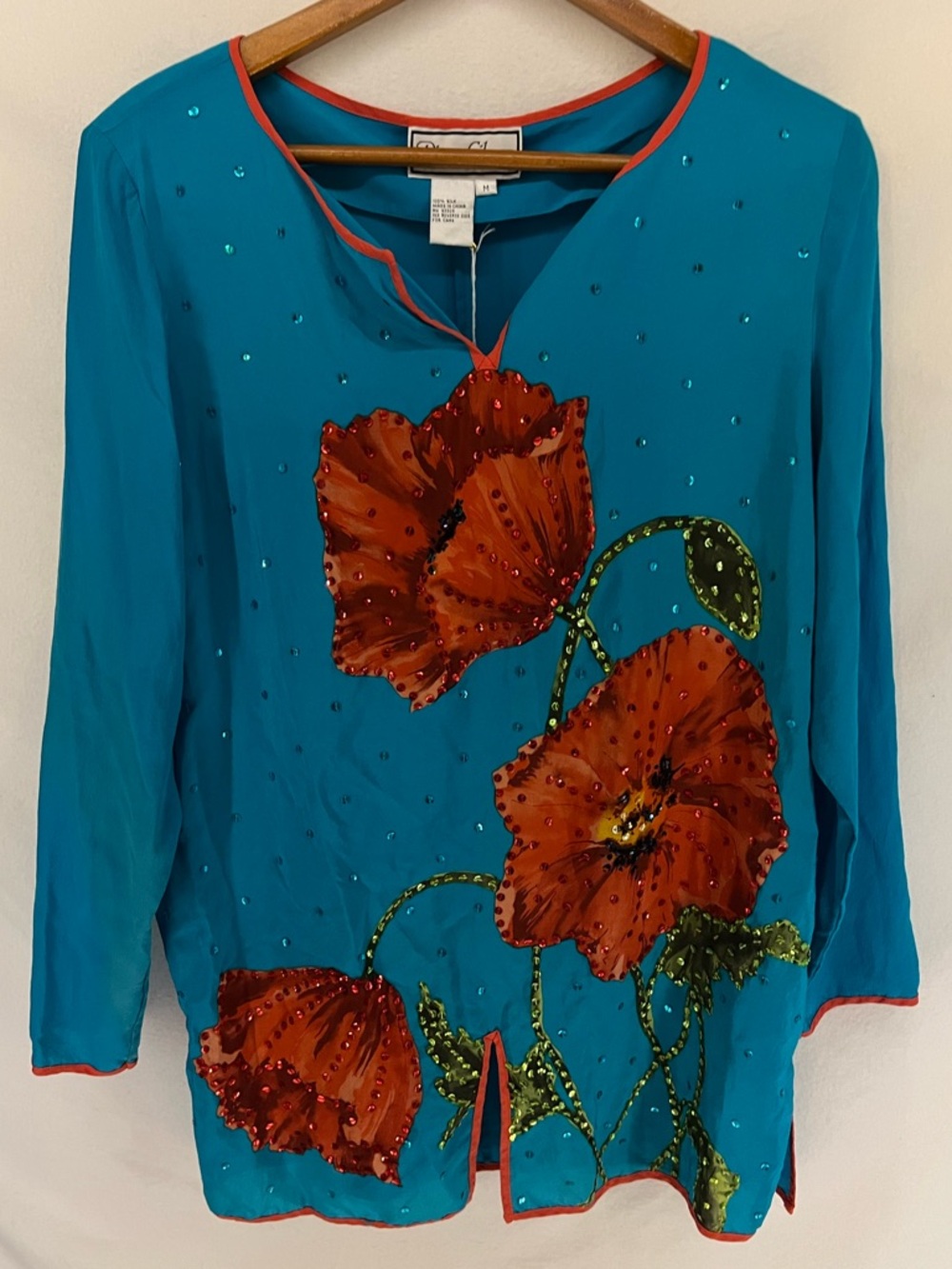 Diane Gilman 100% Silk Poppy Print & Sequin Tunic Top Blouse Size M Resort Beach